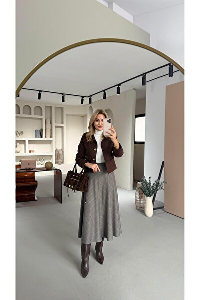 Sezgi Tekin Brown-Blue Plaid Bell Skirt with Pocket Detail