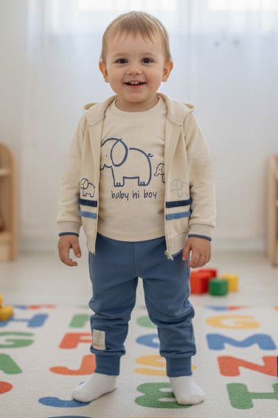 EYMİRGİYİM Elephant Family Patterned 3 Piece Baby Boy Children's Set 9 Months...