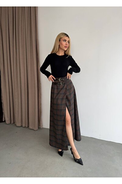 Ekim Store Belted Plaid Patterned Slit Skirt