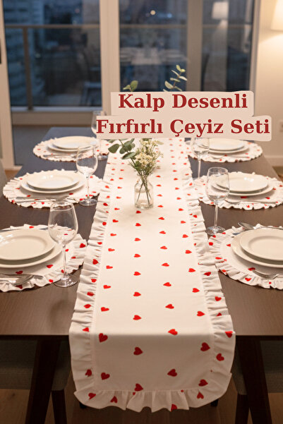 KAMİZ Fırfırlı Kalp Desenli Runner & 6'lı Fıfırlı Supla Seti - 7 Parça Çeyiz ...