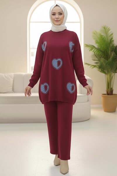 TOFİSA Heart Stone Detailed Knitwear Double Suit Burgundy - 28123-Bordo