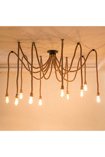 iTin Vintage Chandelier LV120/10BK, 10xE27, Rustic, Rope and Metal, 2x100cm, ...