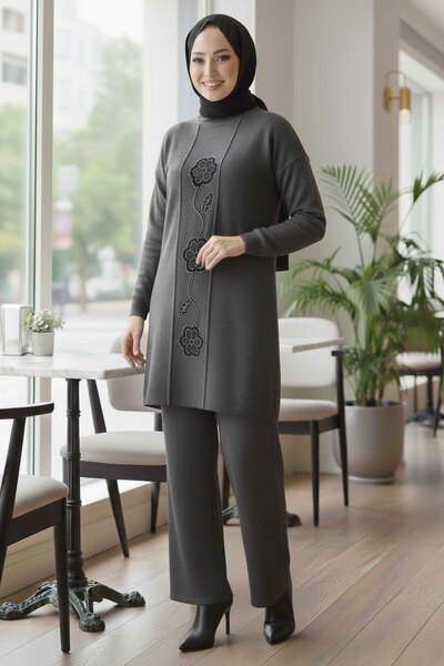TOFİSA Floral Sequin Detailed Knitwear Two-Piece Set Anthracite - 28126-Antrasit