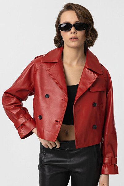 Deriderim Kırmızı Leila Kruvaze Düğmeli Kısa Trençkot Kadın Hakiki Deri Ceket