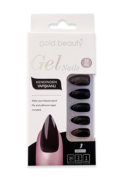 Gold Beauty Parlak Siyah Takma Tırnak Seti 24 Adet Jel Tırnak