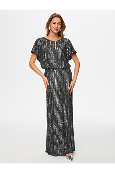 Faik Sönmez Kayık Yaka Kısa Kol Payetli Uzun Abiye Elbise