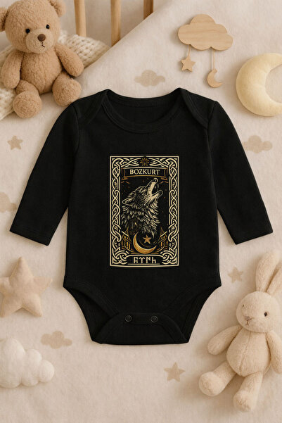 MODA Turkish Bozkurt Göktürkçe Kurt Printed Cotton Long Sleeve Baby Black Bod...