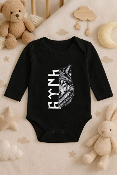 MODA Turkish Bozkurt Göktürkçe Kurt Printed Cotton Long Sleeve Baby Black Bod...