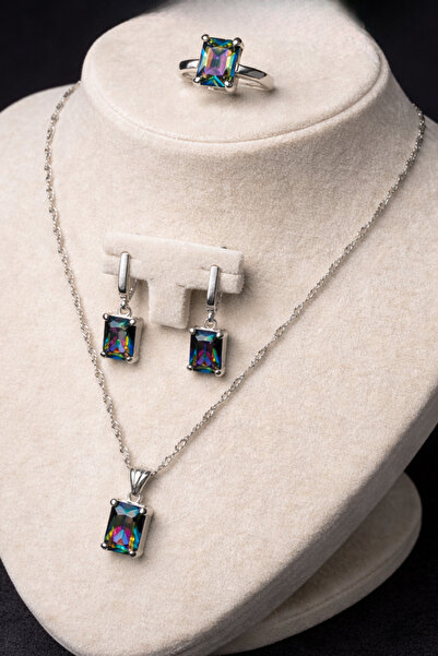 OSMANLI GÜMÜŞ Kadın Gümüş Kolye Küpe Yüzük Set - Mistik Topaz Doğal Taşlı Bag...