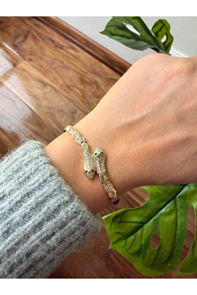 My Joyas Design 14K Altın Kaplama Kıkırdaklı Çift Yılan Bileklik 17+2cm