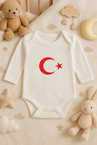 MODA Moon Star Turkish Flag Printed Long Sleeve Baby Ecru Bodysuit Undershirt...