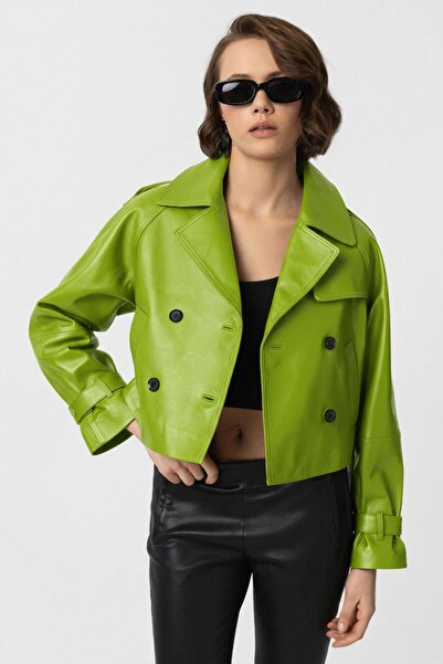 Deriderim Fıstık Yeşil Leila Kruvaze Düğmeli Kısa Trençkot Kadın Hakiki Deri ...
