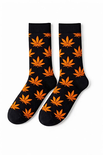 SOLDE SOCKS Men's Cotton Casual Socks – Leaf Pattern, Black/Orange Detail, Hi...