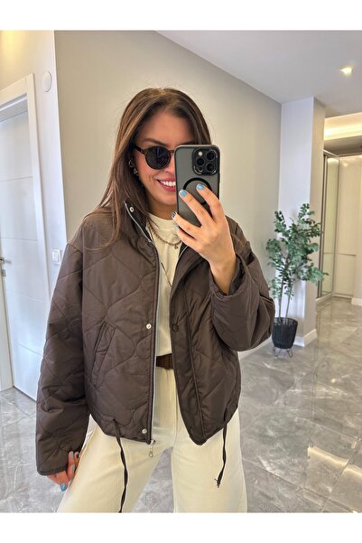 Büşra Butik Dik Yaka Kapitone Mont Kahverengi