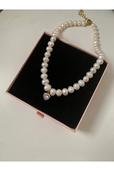 JOVİ ATELİER Sertifikalı Doğal İnci Kolye - Mini Lila Zirkon Kalp Charm - 40c...