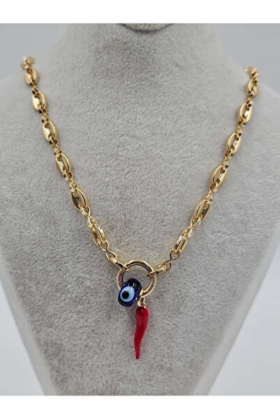 FA LORA TAKI Tasarım Çelik Altın Kaplama Nazar Boncuklu Kırmızı Biberli Kolye