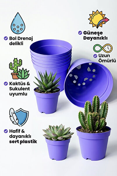 Tekpar Kaktüs ve Sukulent Saksısı Bol Drenaj Delikli Lila 8.5 cm Çap 20 Adet
