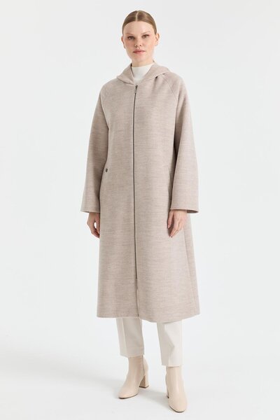 Esswaap Rahat Kesim Kapişonlu Kaban Bej