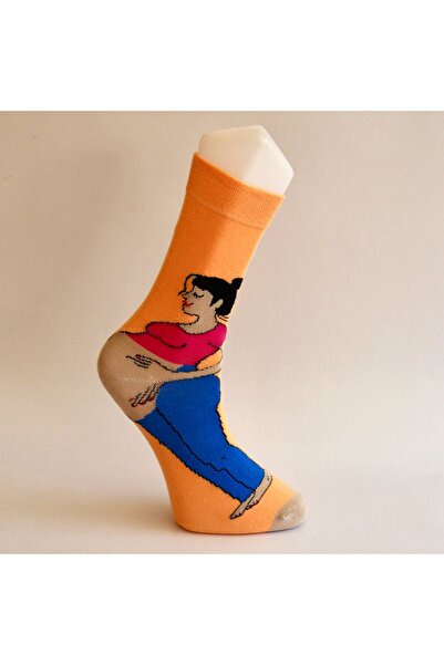 Biçorap06 Hamile Kadın Tasarım Desenli Turuncu Unisex Soket Çorap