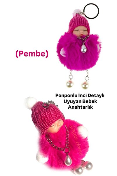 ÇEÇEN HOME (1 Piece) Pearl Detailed Feather Pompom Plush Sleeping Doll Keycha...