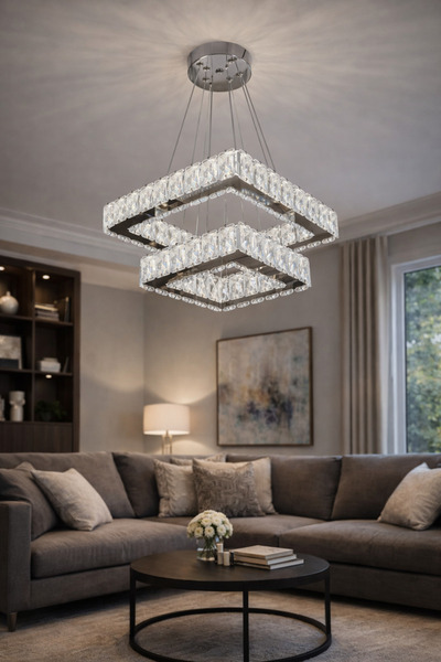 RSCOLLECTIONS 2 Lİ MODERN KARE TAŞLI SARKIT LED AVİZE Kumandalı Krom