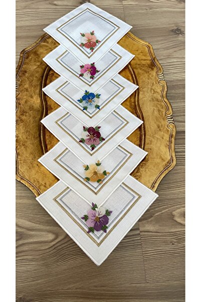 Acurmans İğne oyası 6 lı ( 15x15 Sardunya model ) Gardenya Keten Kahve Yanı S...