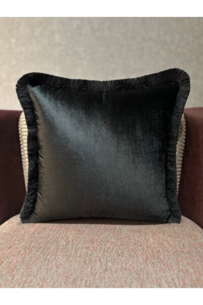 Fabricland Exclusive Ithal Atlas Siyah Renk Püsküllü Kırlent Kılıfı 43x43 cm