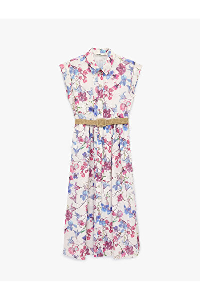 Koton Regular Fit Short Sleeve Shirt Collar Belted Midi Shirt Dress