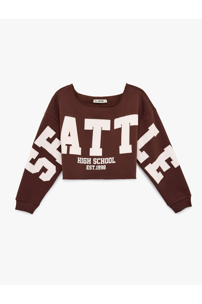 Koton Long Sleeve Boat Neck Printed Oversized Crop Sweatshirt