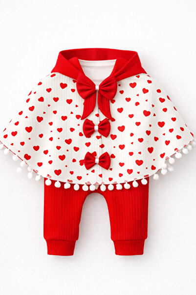 mini kanka Pompom Detailed Heart Patterned Baby Poncho Set Long Sleeve Badi 0...