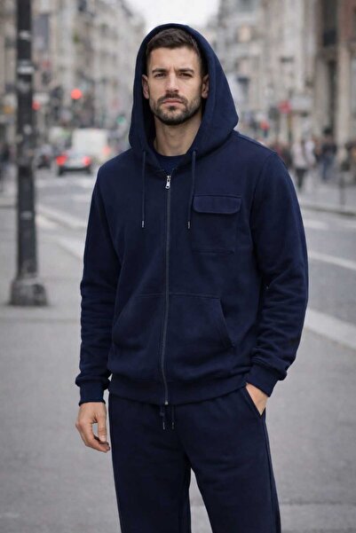 pi fashion Men's Black Hooded Zipper Tracksuit Set