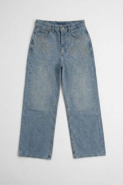 Bluewhite Women's High Waist Stone Detailed Blue Jean Trousers