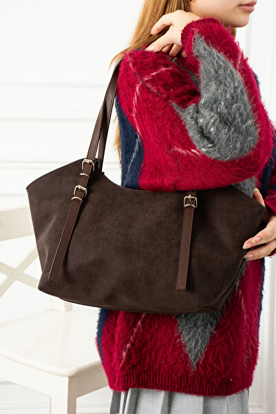 Valu Accessorize Women's Suede Buckle Detailed Zippered Oval Shoulder and Sho...