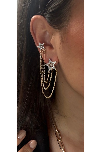 AychaAksesuar Çelik vip seri zirkon taşlı zincirli tek delik kıkırdağa geçirm...