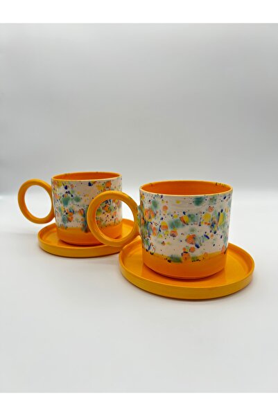 Löv Ceramic El Yapımı Seramik Turuncu Çok Renkli Kulplu Filtre Kahve Latte Fi...