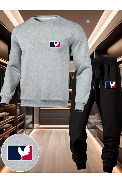 Massgai Unisex Rooster Printed Crew Neck Oversized Bottom-Top Jogger Cotton T...