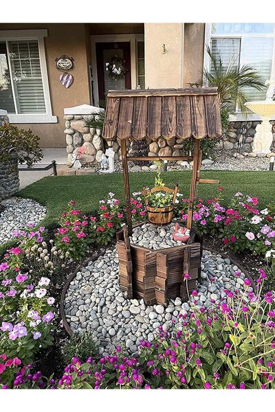 genric 𝐎𝐧𝐞𝐃𝐜𝐨𝐫 Wooden Wishing Well Planter with Hanging Bucket Burnt-F...