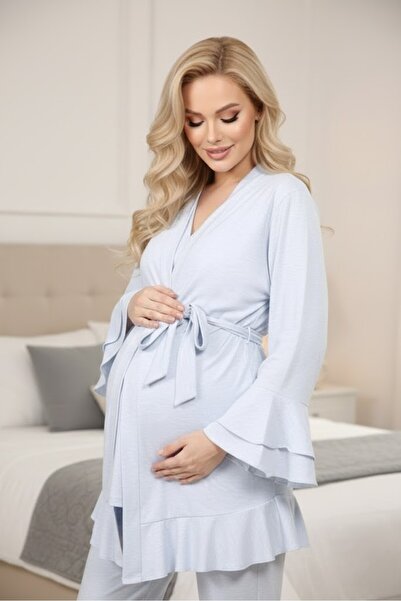 Lohussa Women's Blue Melange Stylish Flared Short Sleeve Special Design Mater...