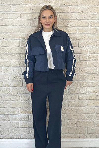 Muna Boutique Navy Blue Women's Top and Bottom Set with Parachute Fabric Deta...