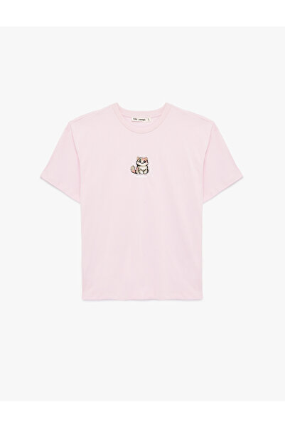 Koton Bisiklet Yaka Kısa Kollu Kedi Nakış Detaylı Oversize Tişört