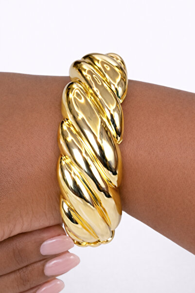 femline Gold Color Twisted Detailed Thick Statement Cuff Bracelet