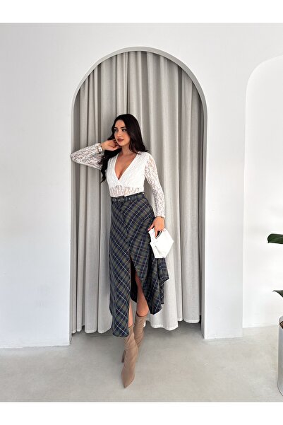 TheyYou Fusta în carouri de tranziție cu nasturi în față și curea |   Fusta c...