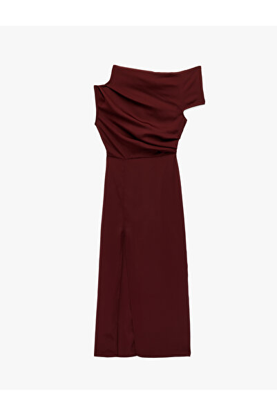 Koton Tek Omuz Kolsuz Drapeli Yırtmaçlı Midi Elbise