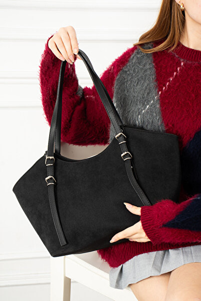 Valu Accessorize Women's Suede Buckle Detailed Zippered Oval Shoulder and Sho...