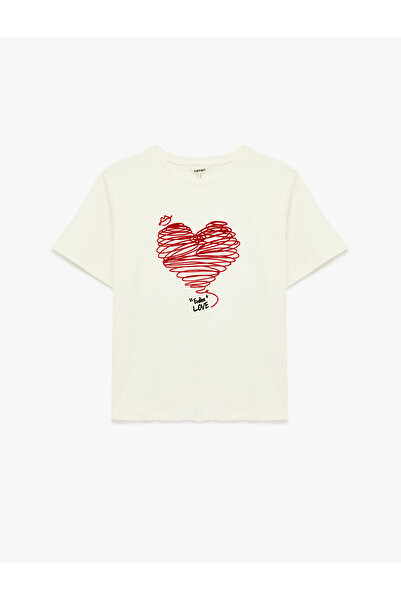 Koton Cotton Heart Printed Short Sleeve Crew Neck T-Shirt