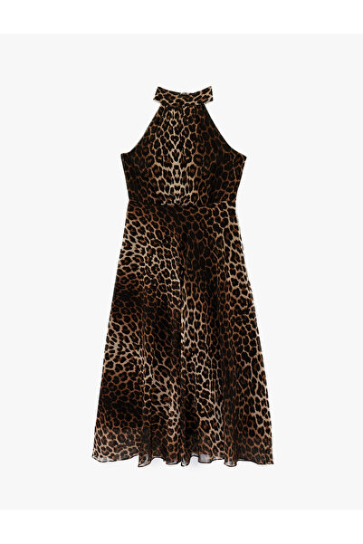Koton Rochie midi leopard cu guler halter, plisată, fără mâneci