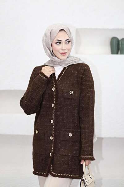 Nefise Kadın Angora Şık Triko Hırka – Acı Kahve