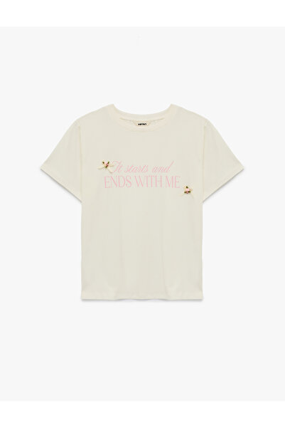 Koton تي شيرت قطني مطبوع بأكمام قصيرة وياقة دائرية وقصة عادية