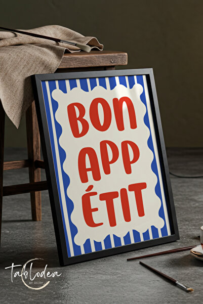 tablodea Pinterest stil Dekorativni plavi natpis "Bon Appetit" Prugasto Retro...