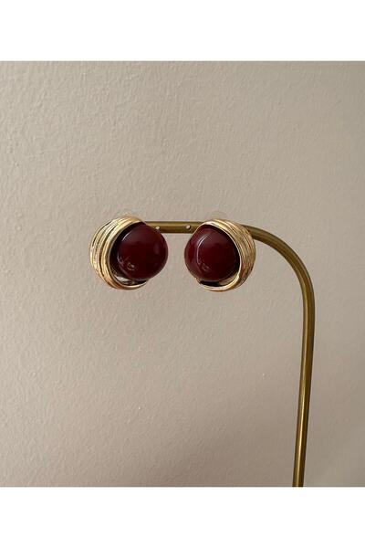 marsel aksesuar Burgundy Enamel Button Model Vintage Gold Earrings
